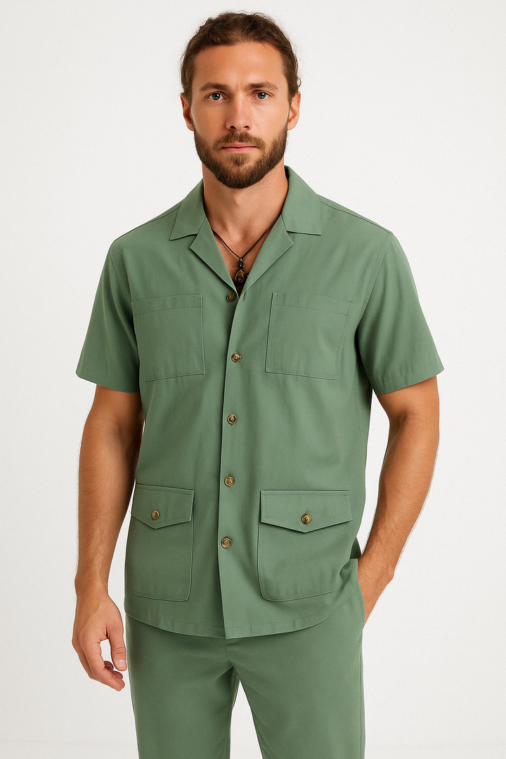 Heren Overhemd Korte Mouw – Relaxed Fit – Ademend Stof – Notch Kraag – 4 Zakken
