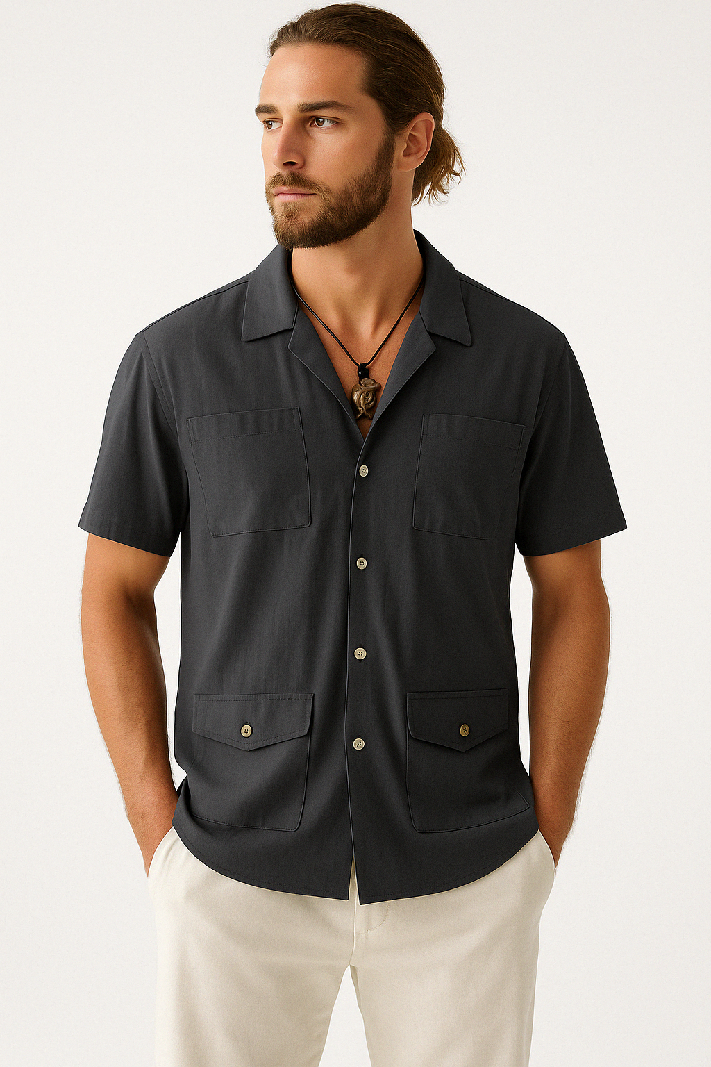 Heren Overhemd Korte Mouw – Relaxed Fit – Ademend Stof – Notch Kraag – 4 Zakken