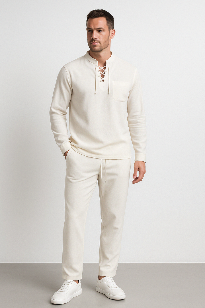 Heren Henley Shirt – Natuurlijke Stof – Relaxed Fit – Vetersluiting – Lange Mouw