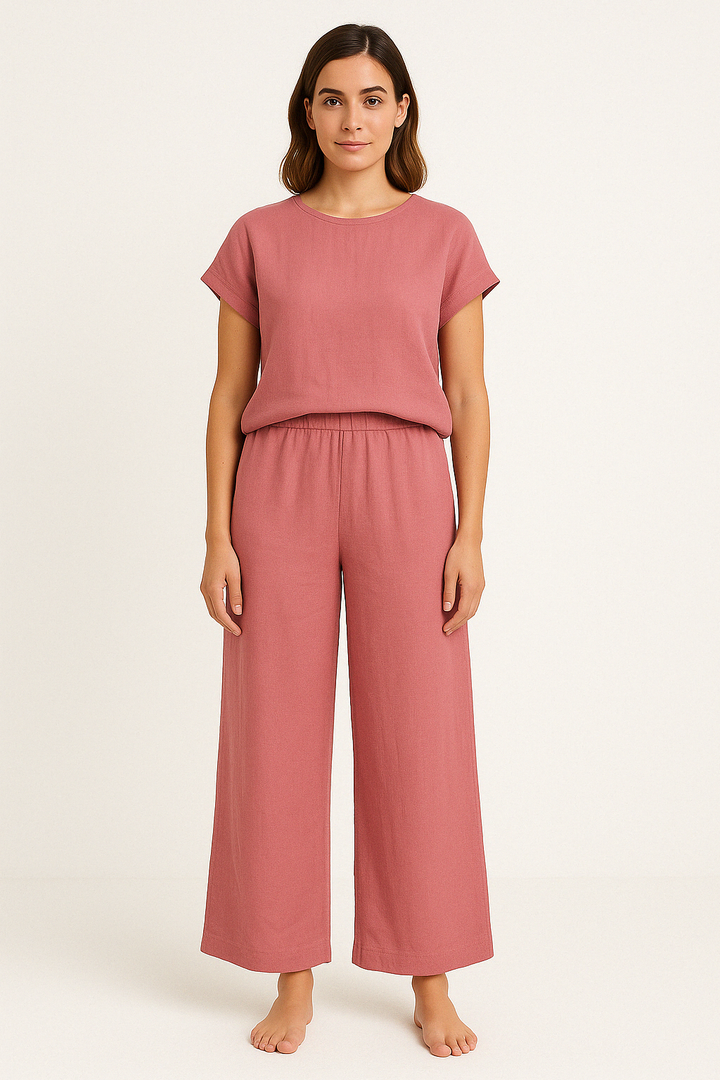Dames Tweedelig Set – Relaxed Fit – Ademend Materiaal – Top met Korte Mouw – Wijde Broek