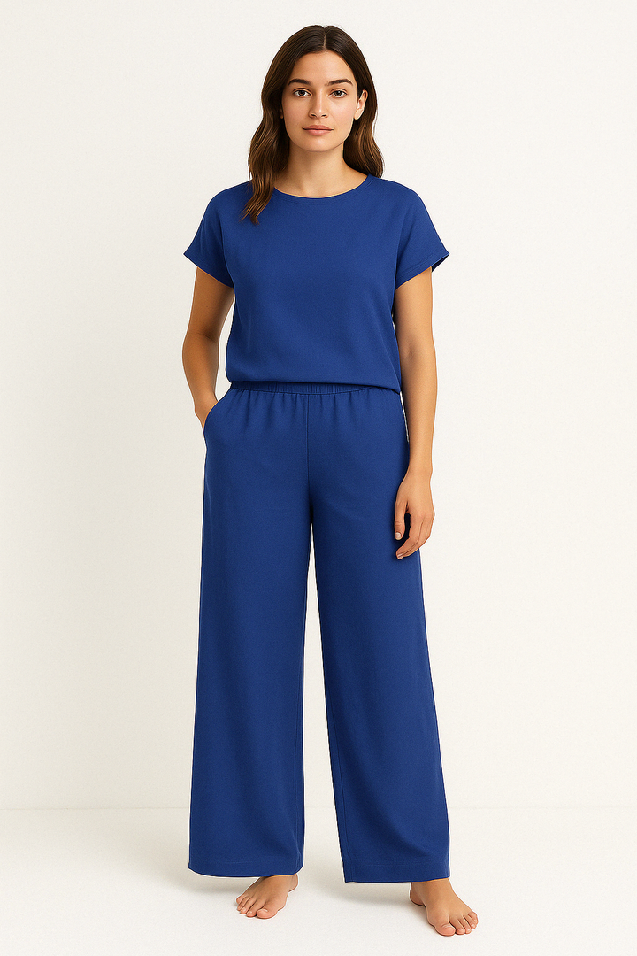 Dames Tweedelig Set – Relaxed Fit – Ademend Materiaal – Top met Korte Mouw – Wijde Broek