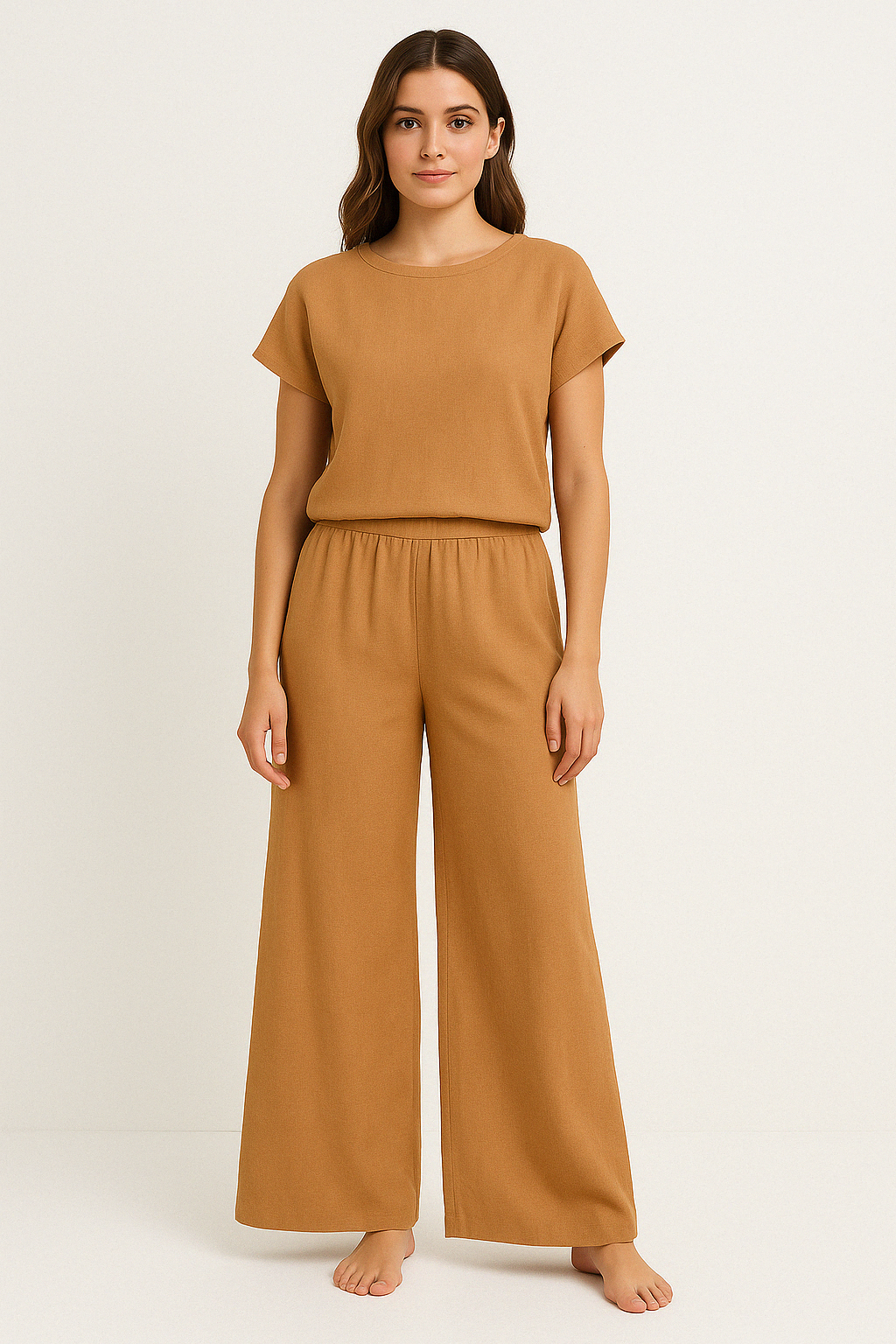 Dames Tweedelig Set – Relaxed Fit – Ademend Materiaal – Top met Korte Mouw – Wijde Broek