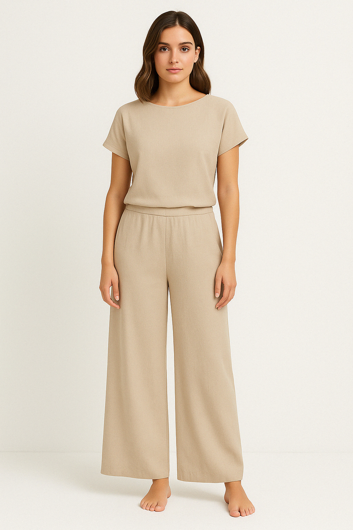 Dames Tweedelig Set – Relaxed Fit – Ademend Materiaal – Top met Korte Mouw – Wijde Broek