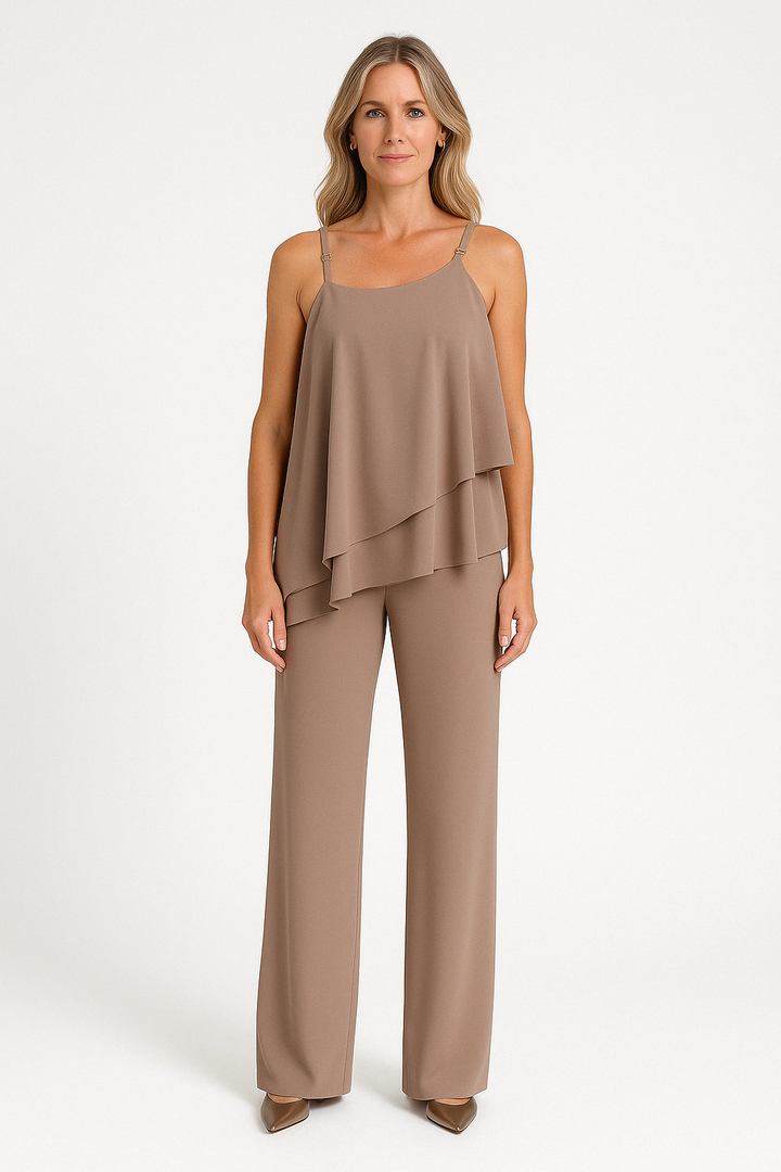 Dames Two-Piece Set – Asymmetrische Overslagtop – Mouwloos – Rechte Broek – Luchtige Pasvorm