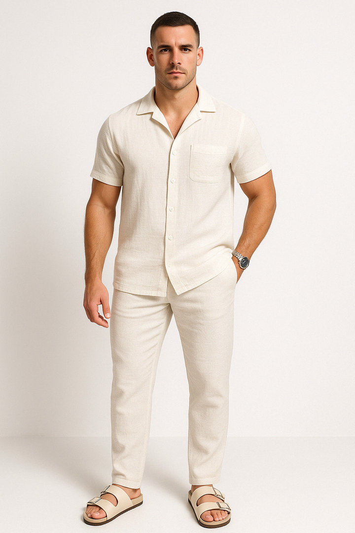 Heren Set – Korte Mouw Shirt en Lange Broek – Relaxte Pasvorm – Natuurlijk Textiel