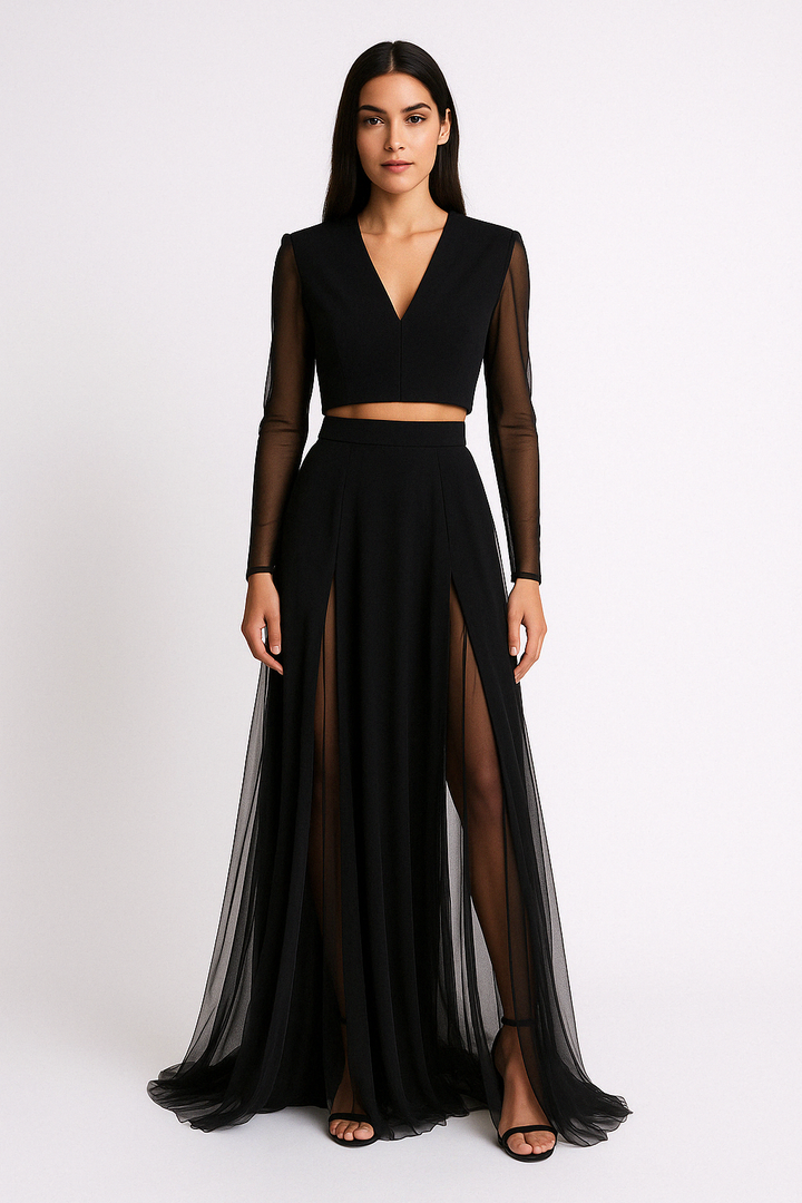 Dames Tweedelige Set – Slim Fit Crop Top – Mesh Lange Mouw – A-lijn Maxi Rok