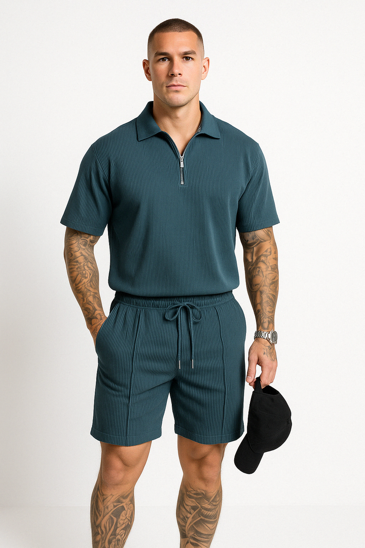 Heren Set van Polo en Korte Broek – Relaxed Fit – Ritskraag – Ademend Comfort