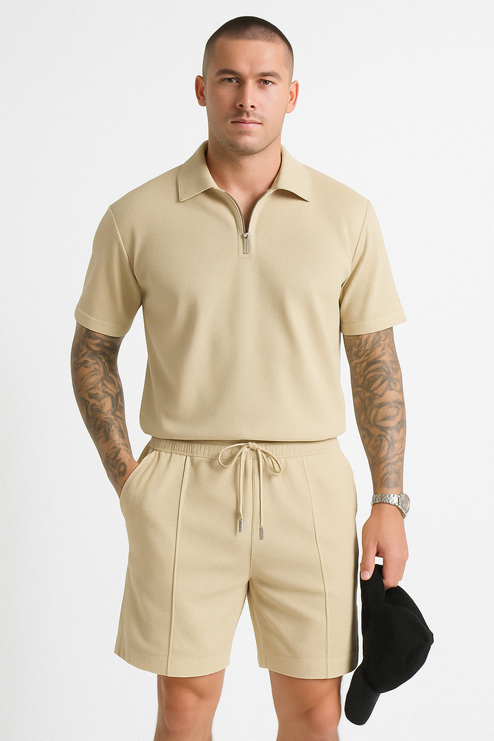 Heren Set van Polo en Korte Broek – Relaxed Fit – Ritskraag – Ademend Comfort