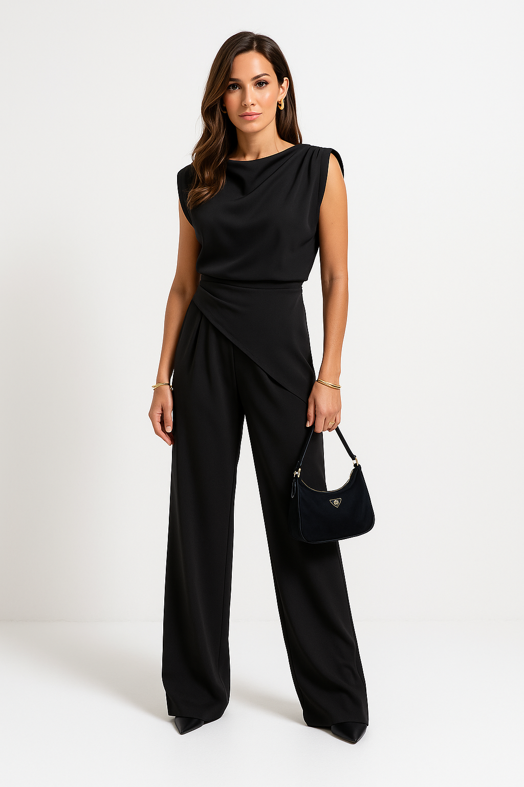 Dames Two-Piece Set – Relaxed Fit – Draped Top – Hoge Taille Wijde Pijpen