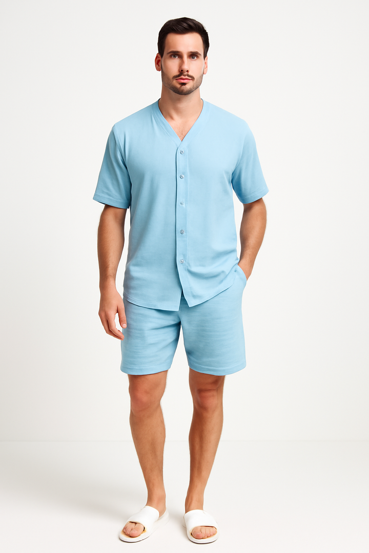Heren Set – V-hals Overhemd met Knoopsluiting en Relaxte Short – Ademend Textiel