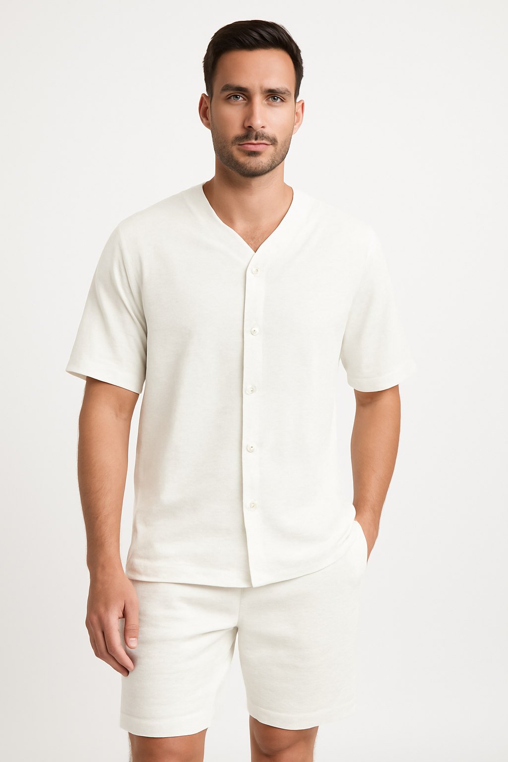 Heren Set – V-hals Overhemd met Knoopsluiting en Relaxte Short – Ademend Textiel