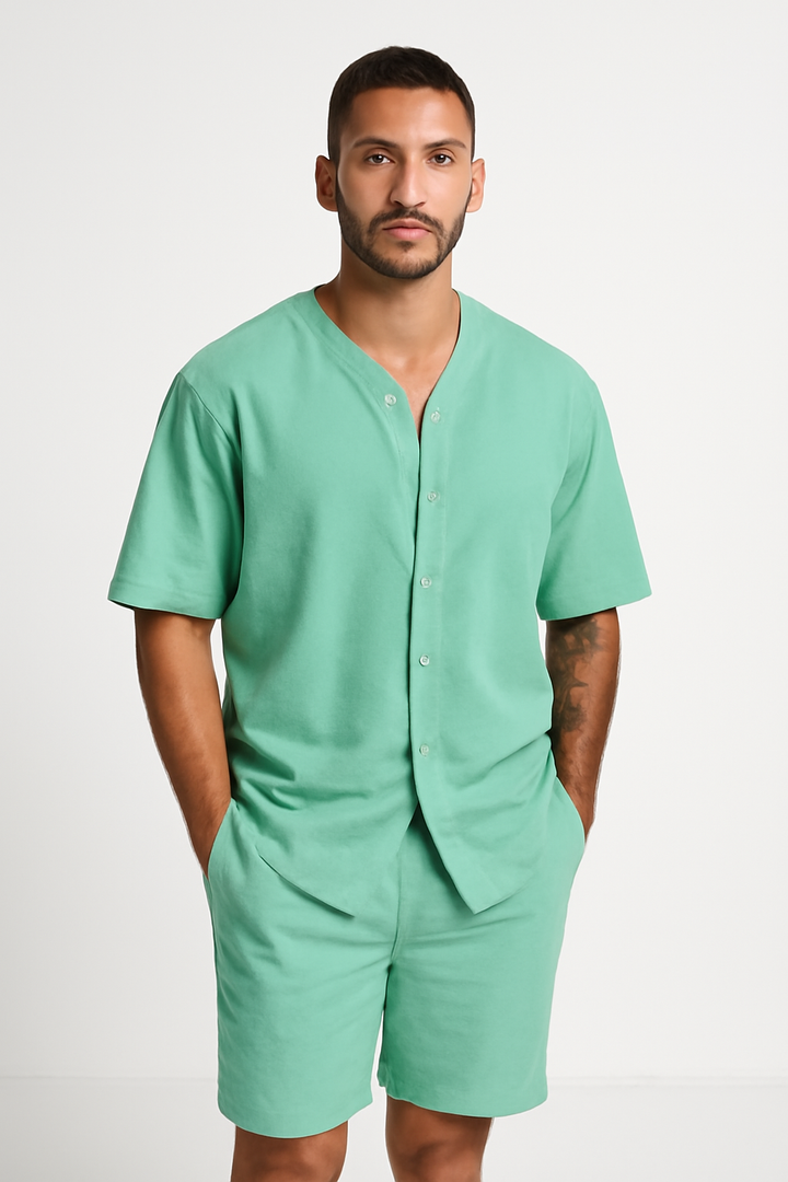 Heren Set – V-hals Overhemd met Knoopsluiting en Relaxte Short – Ademend Textiel
