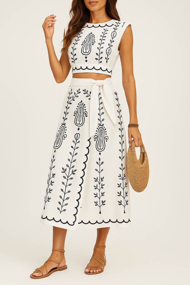 Dames Two-Piece Set – Mouwloze Crop Top – Wikkel Midi Rok – Ademende Stof