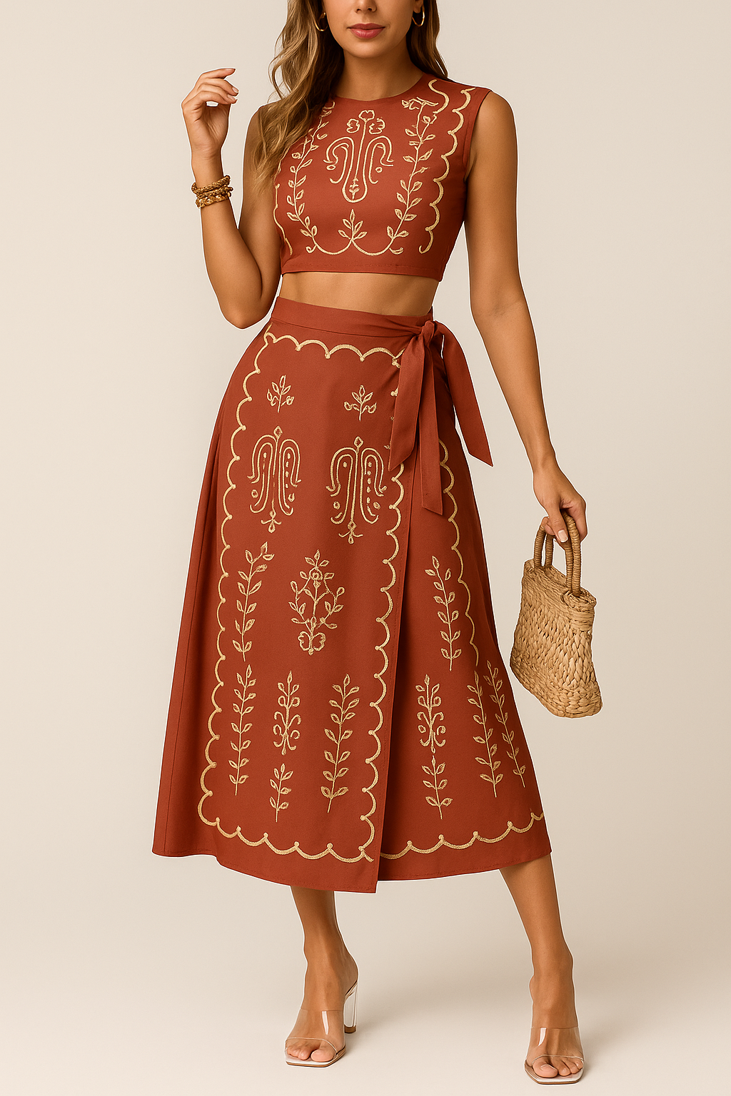 Dames Two-Piece Set – Mouwloze Crop Top – Wikkel Midi Rok – Ademende Stof
