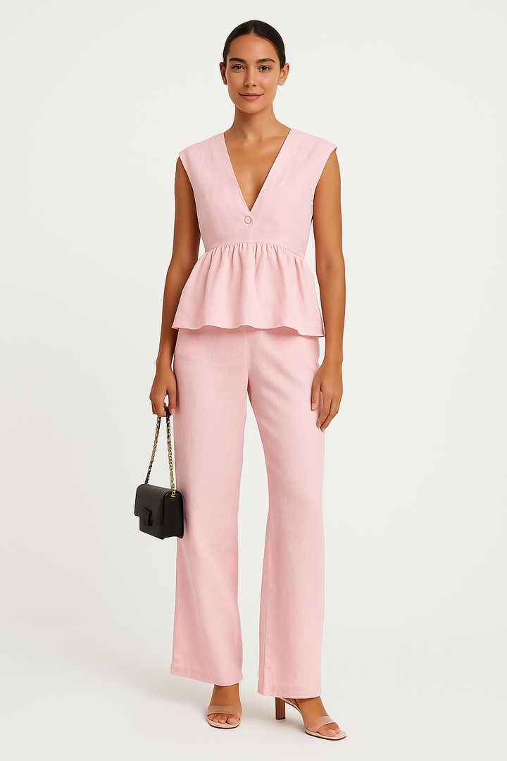 Dames Tweedelige Set – V-hals Mouwloze Peplum Top – Wijde Broek – Ademende Stof