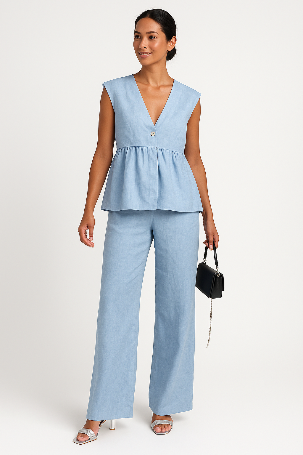 Dames Tweedelige Set – V-hals Mouwloze Peplum Top – Wijde Broek – Ademende Stof