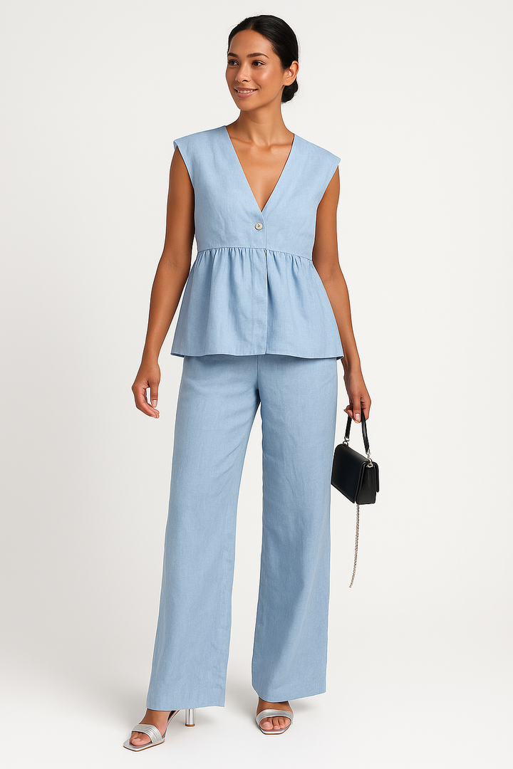 Dames Tweedelige Set – V-hals Mouwloze Peplum Top – Wijde Broek – Ademende Stof