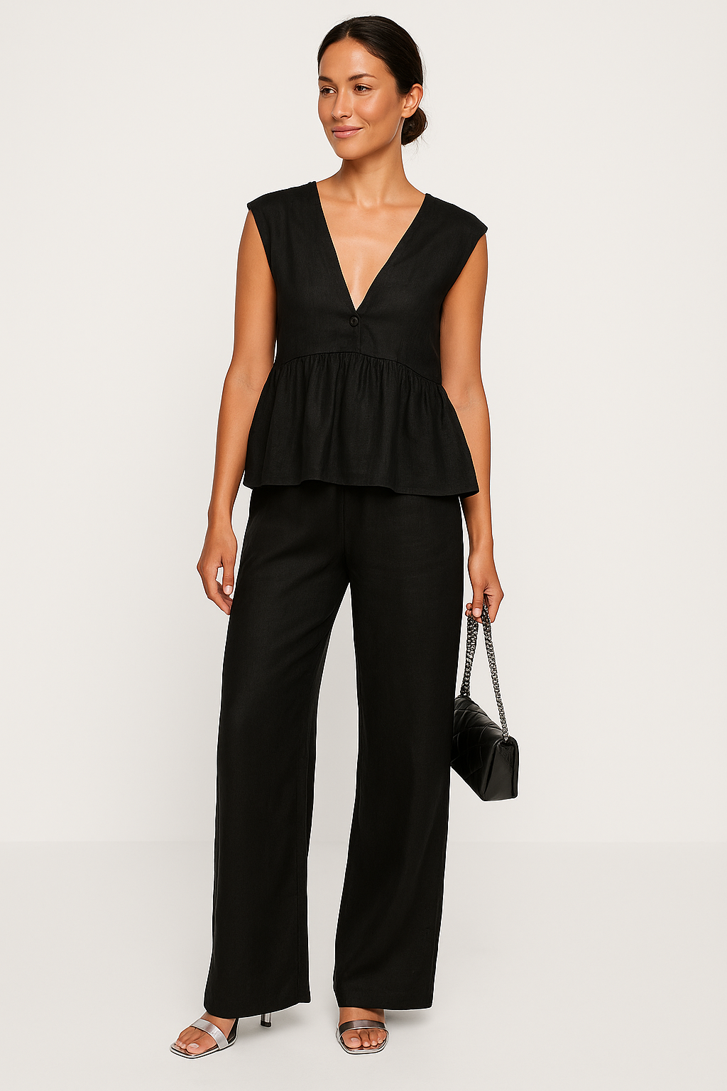 Dames Tweedelige Set – V-hals Mouwloze Peplum Top – Wijde Broek – Ademende Stof