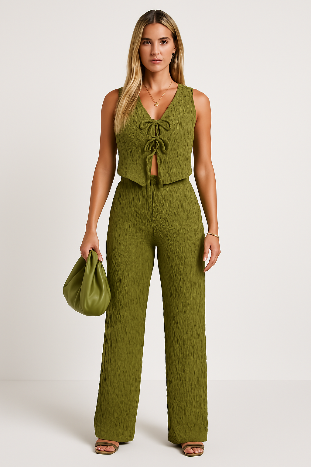 Dames Set Top en Broek – Mouwloos – V-Hals – Strikdetail – Ademend Crinkle Design