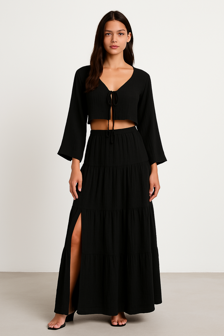 Dames Set – Natuurlijke Stoffen – Cropped Vest met Striksluiting – Maxi Rok met Split