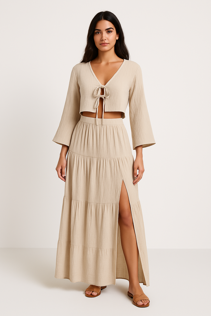 Dames Set – Natuurlijke Stoffen – Cropped Vest met Striksluiting – Maxi Rok met Split