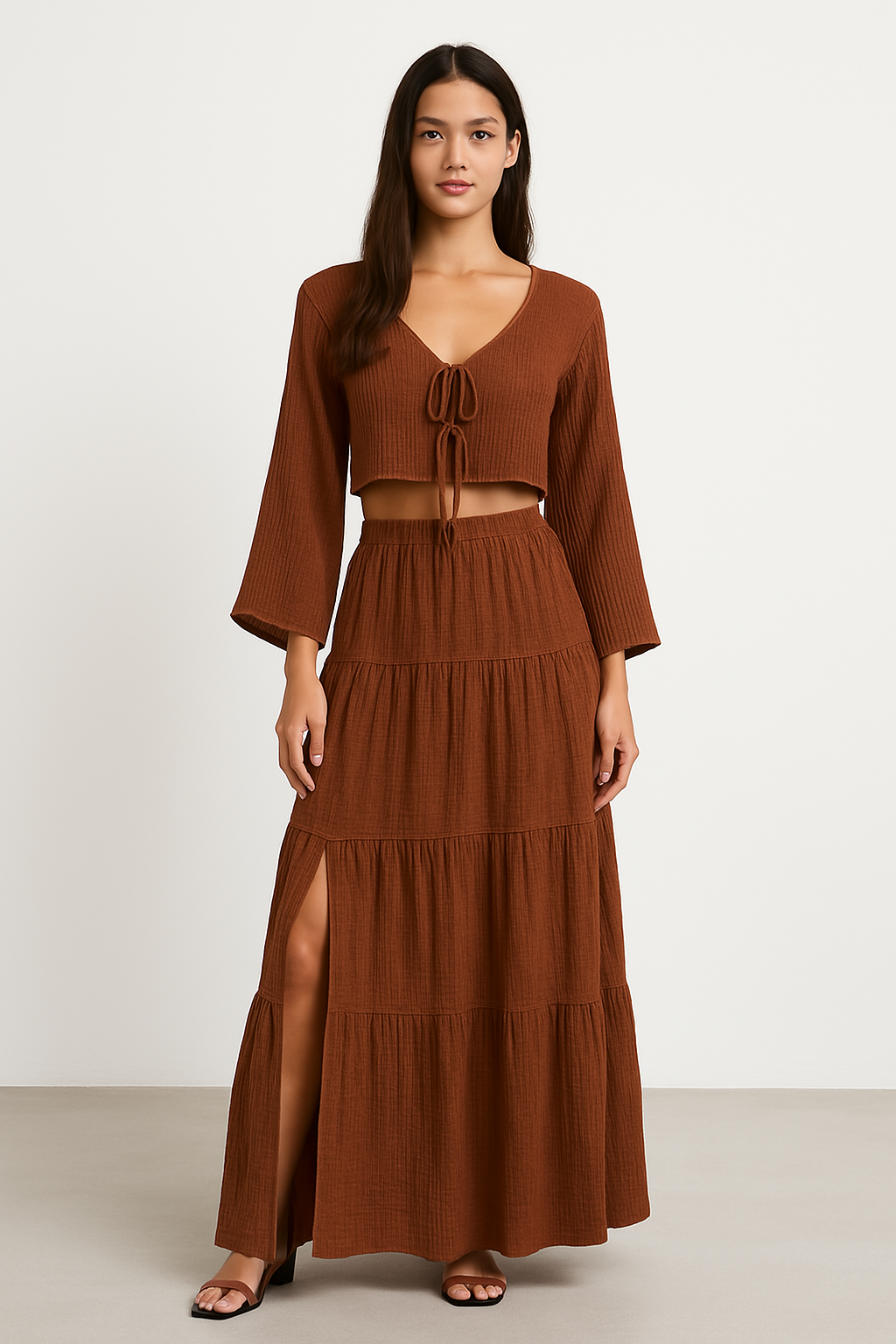Dames Set – Natuurlijke Stoffen – Cropped Vest met Striksluiting – Maxi Rok met Split