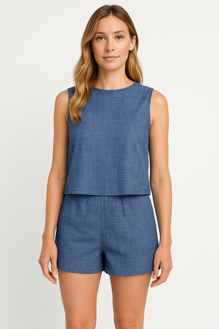 Dames Set Top en Shorts – Ademend Stoffenmix – Mouwloos – Relaxte Pasvorm Casual