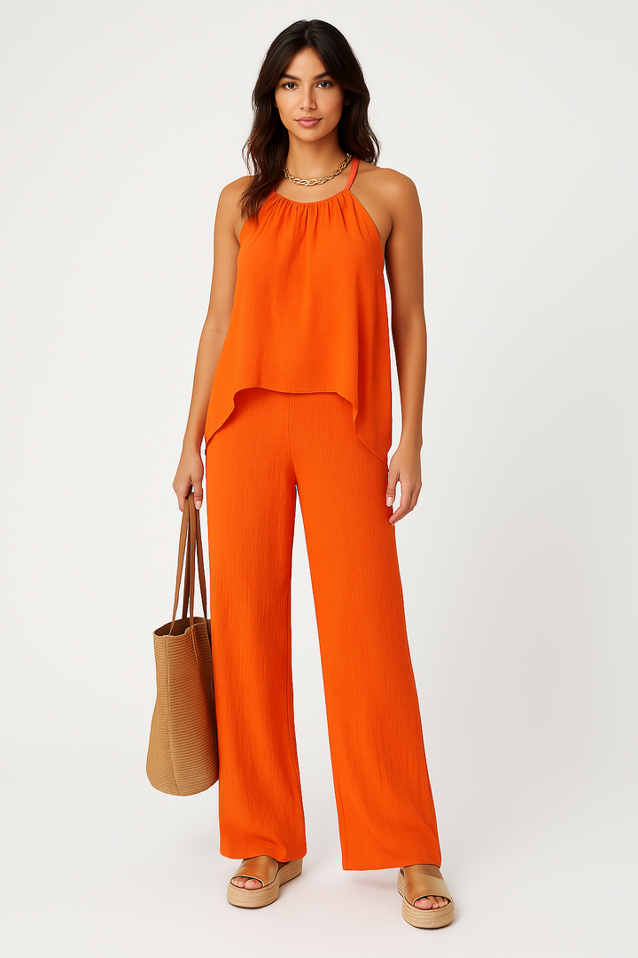 Dames Haltertop en Broek Set – Asymmetrisch Draperend – Ademend – Wijde Pijpen