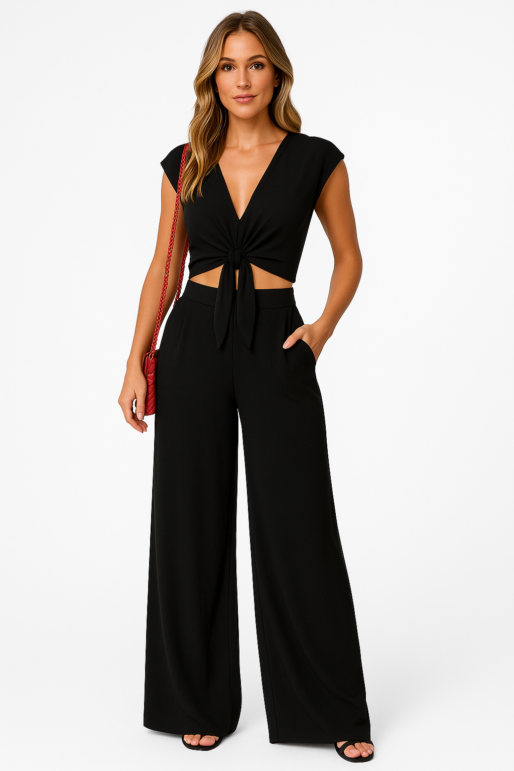 Dames Set – V-hals Crop Top met Striksluiting – Hoge Taille Wijde Pijpen Broek
