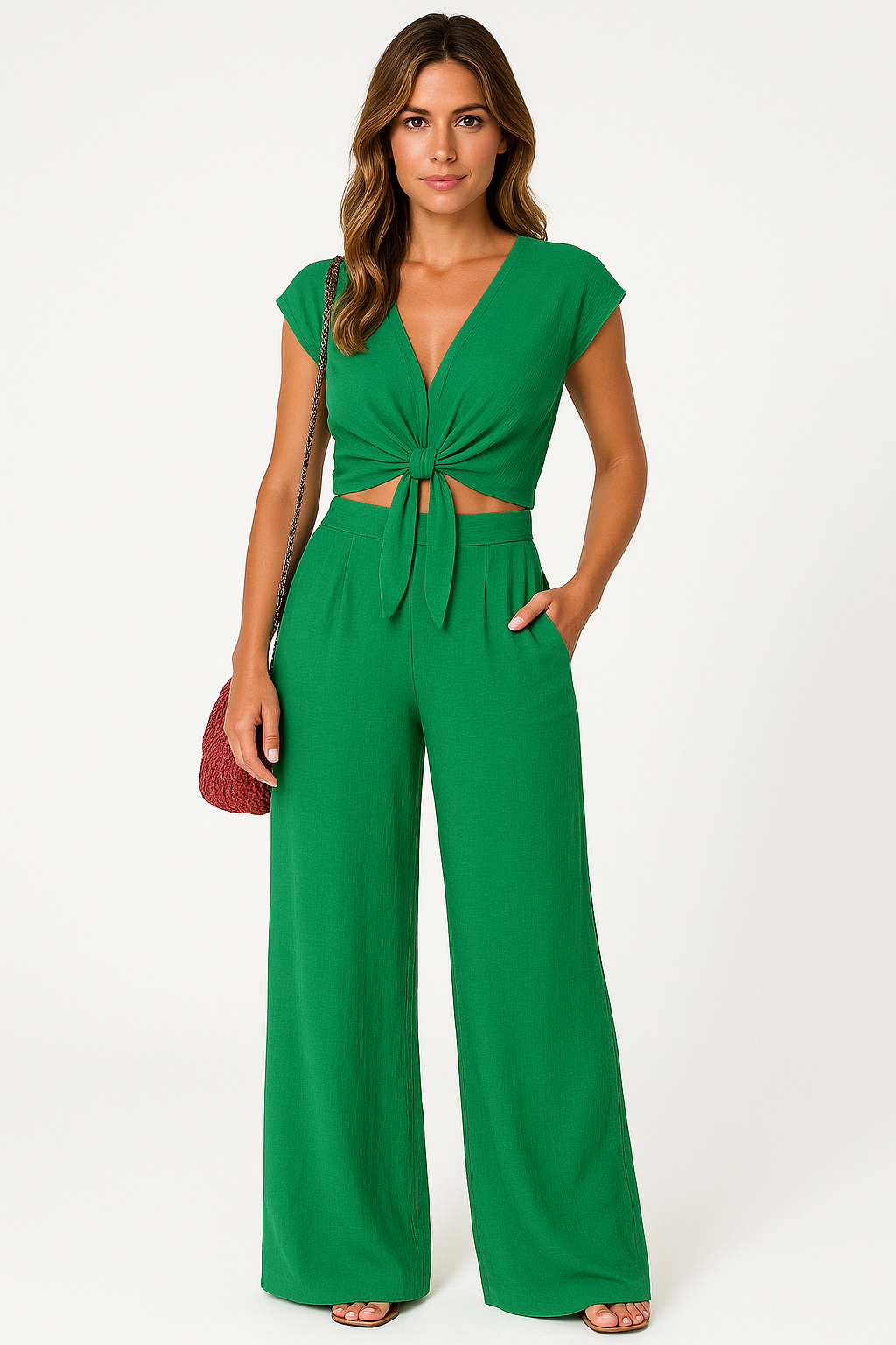 Dames Set – V-hals Crop Top met Striksluiting – Hoge Taille Wijde Pijpen Broek
