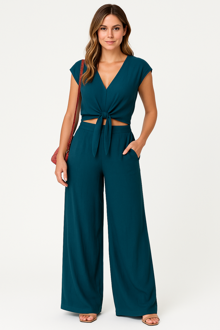 Dames Set – V-hals Crop Top met Striksluiting – Hoge Taille Wijde Pijpen Broek