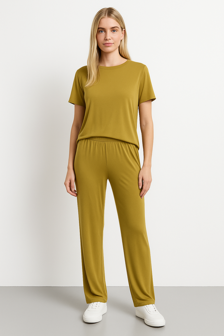 Dames Loungewear Set – Korte Mouwen – Cropped Top – Wijde Pijpen – Ademend Comfort