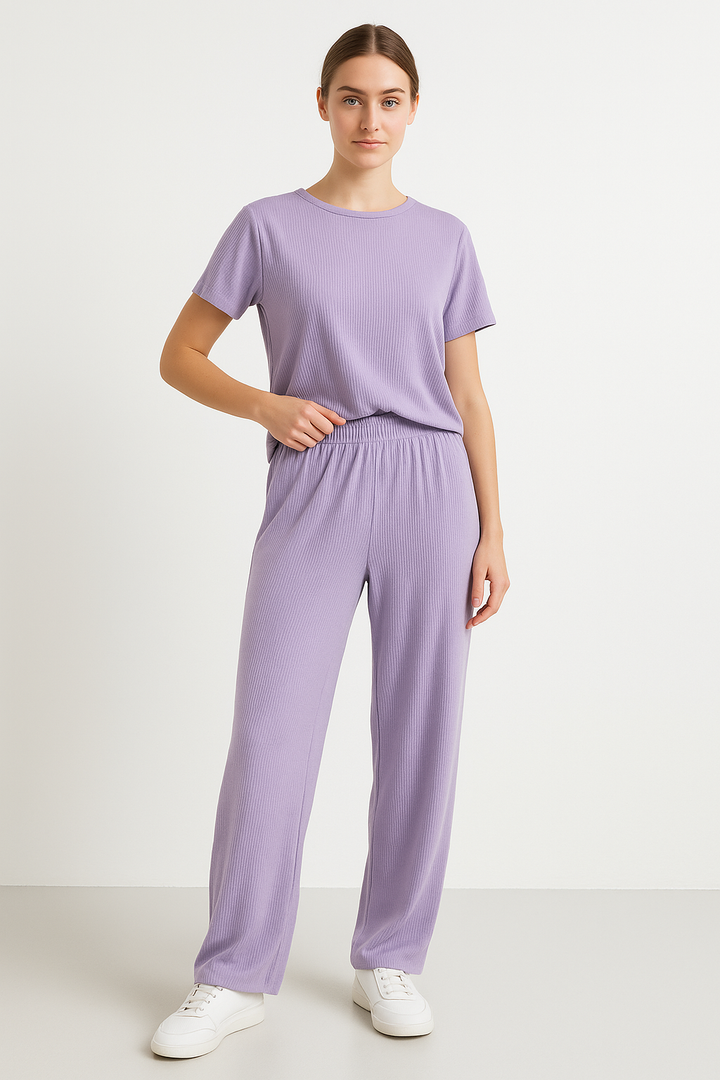 Dames Loungewear Set – Korte Mouwen – Cropped Top – Wijde Pijpen – Ademend Comfort