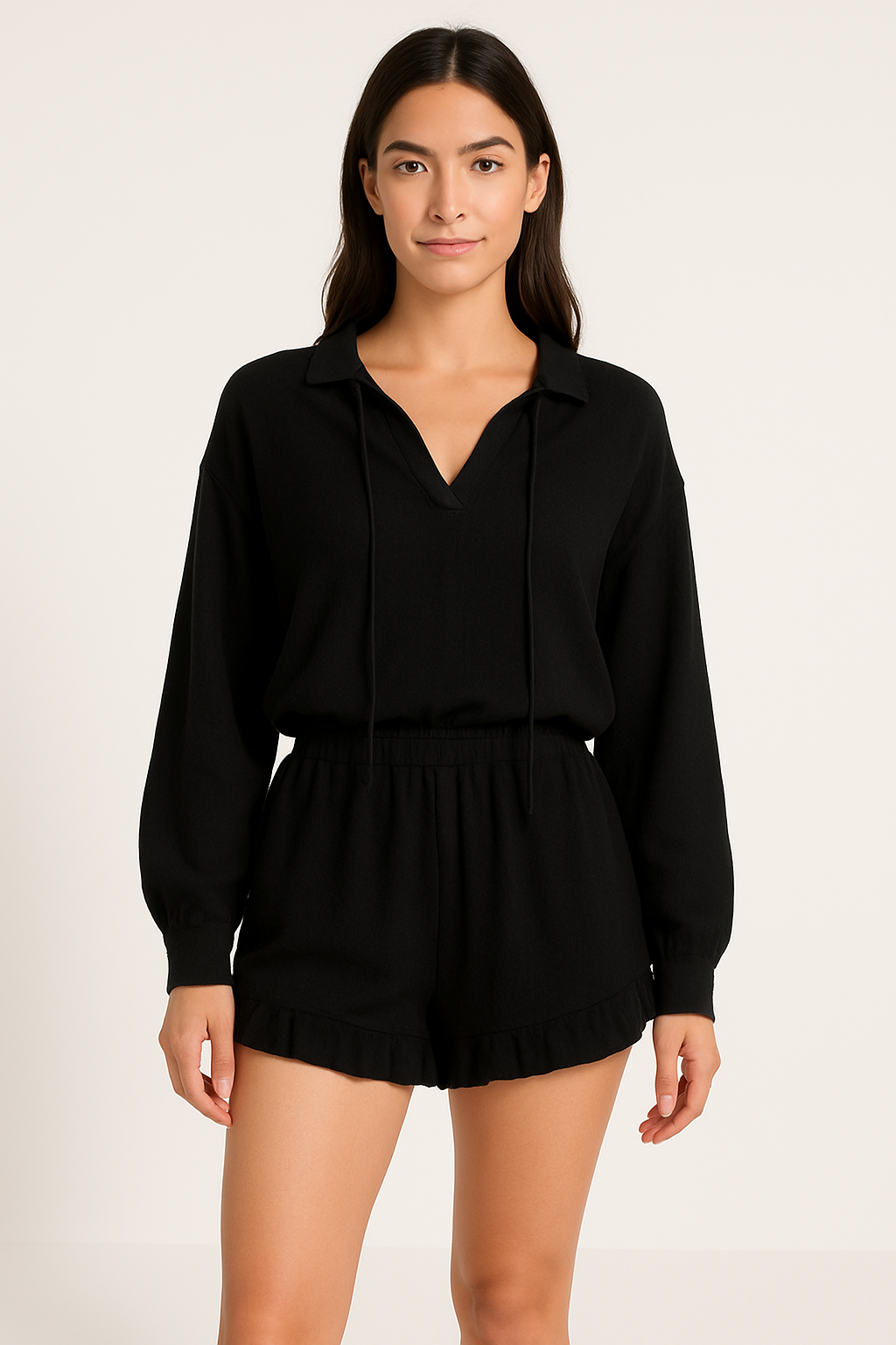 Dames Twee-Delige Set – V-Hals Top met Ballonmouwen – Rucheshort – Ademend Comfort