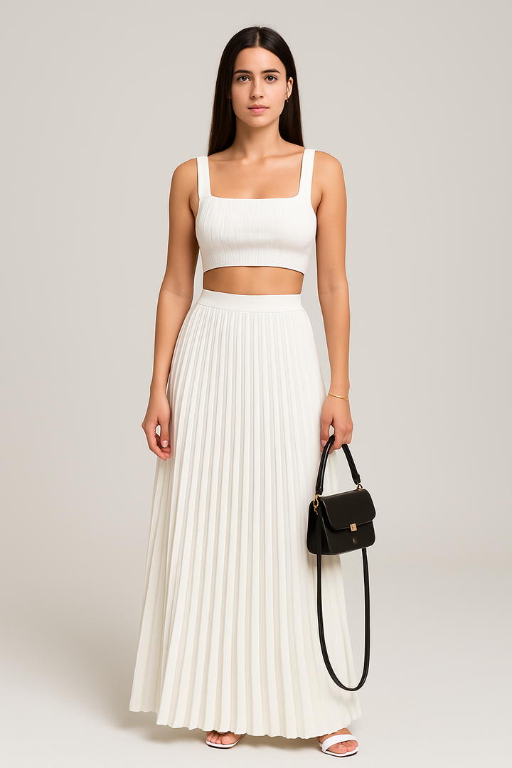 Dames Set – Slim Fit Cropped Top – Vierkante Hals – Maxi Plissérok – Zachte Knit
