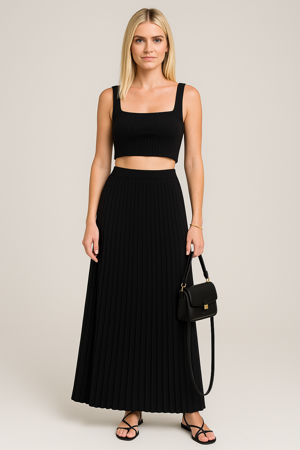 Dames Set – Slim Fit Cropped Top – Vierkante Hals – Maxi Plissérok – Zachte Knit