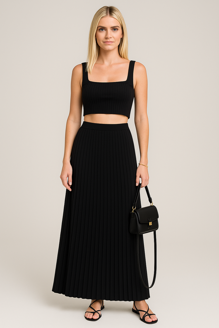 Dames Set – Slim Fit Cropped Top – Vierkante Hals – Maxi Plissérok – Zachte Knit