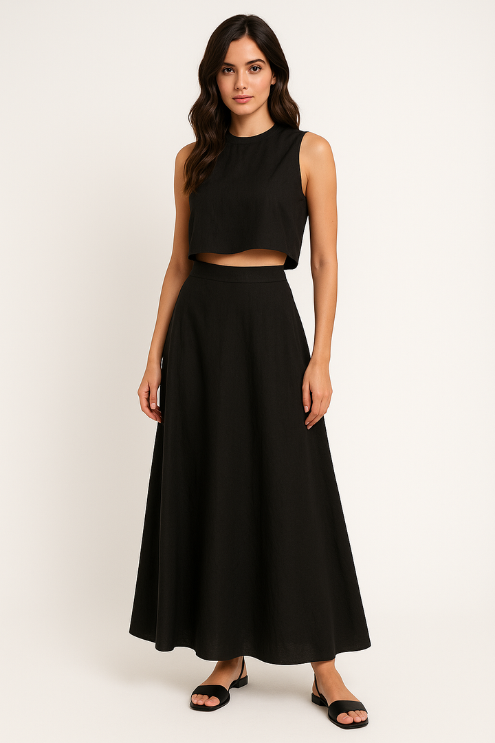 Dames Tweedelige Set – Losvallende Crop Top & Flowy Midi Rok – Ademend Design