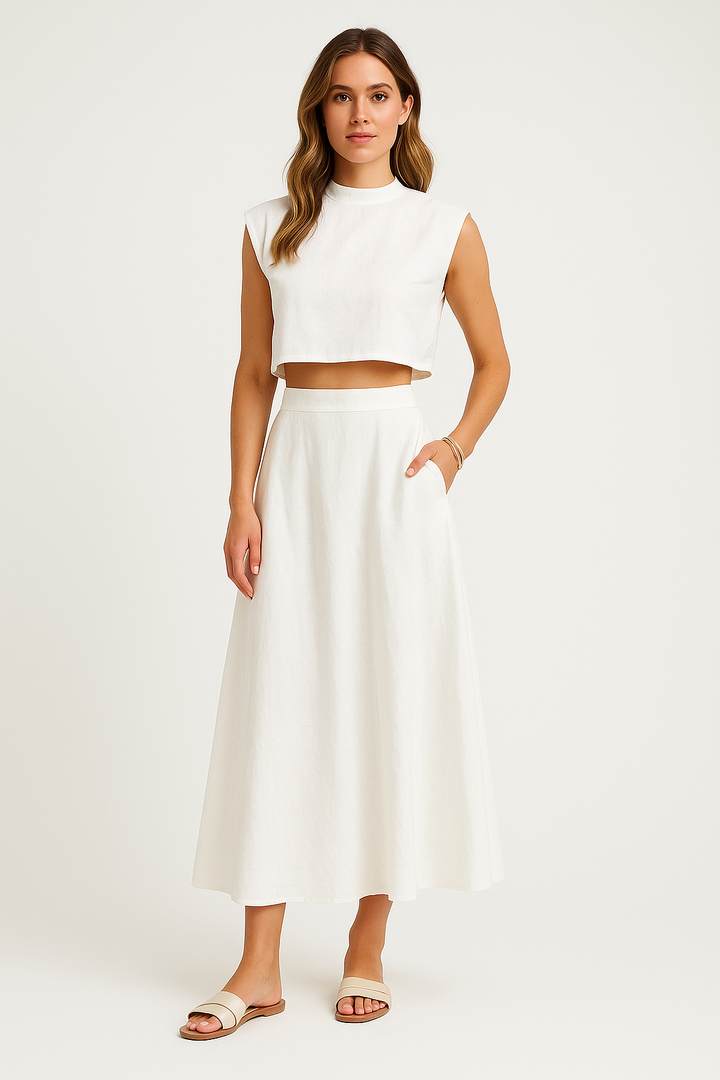 Dames Tweedelige Set – Losvallende Crop Top & Flowy Midi Rok – Ademend Design