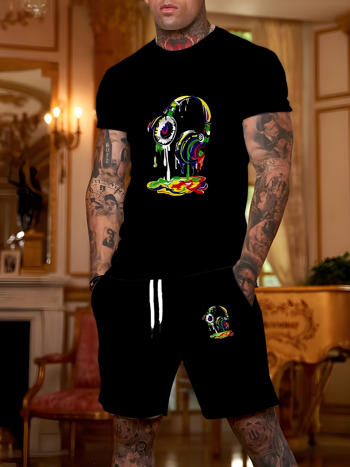 Zwarte Tweedelige Streetwear Set met 3D Graffiti Print