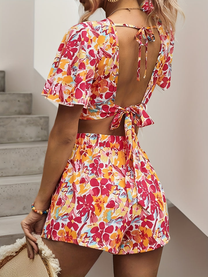 Clara | Bloemenprint Zomer Set met Korte Mouwen en V-Hals