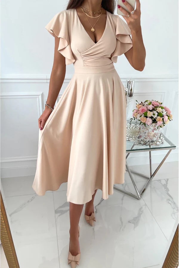 Clarisse | Elegante Midi Jurk met Vlindermouwen
