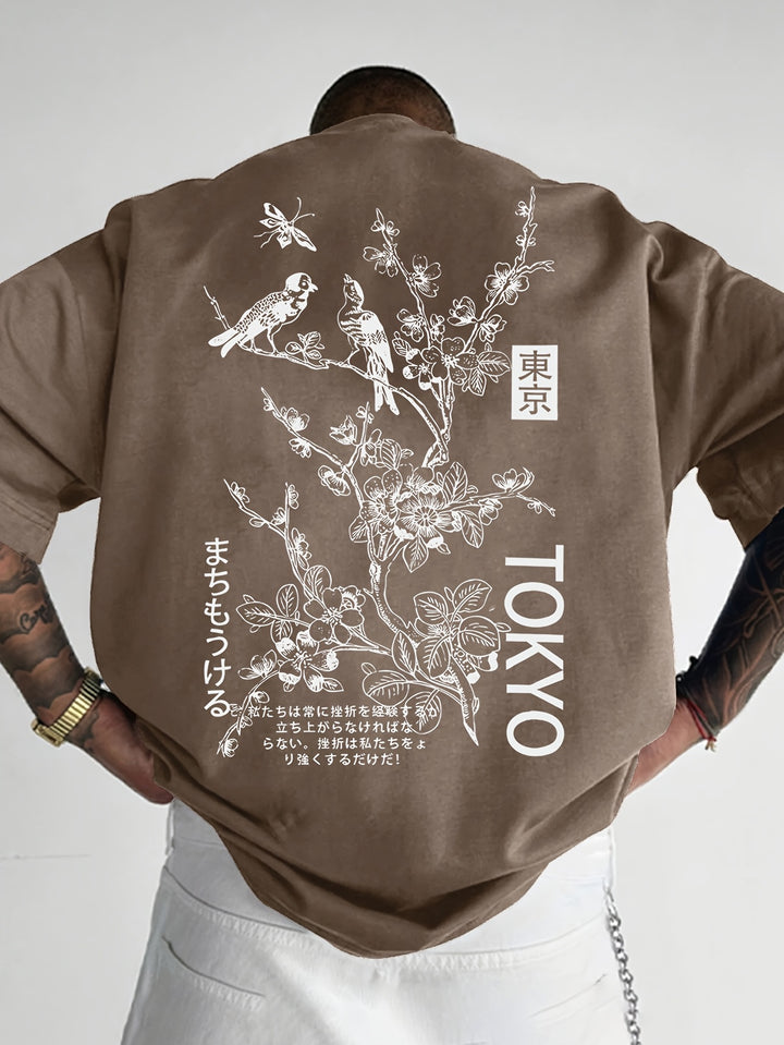 Cody | T-shirt met Japanse Bloemen- en Vogelprint