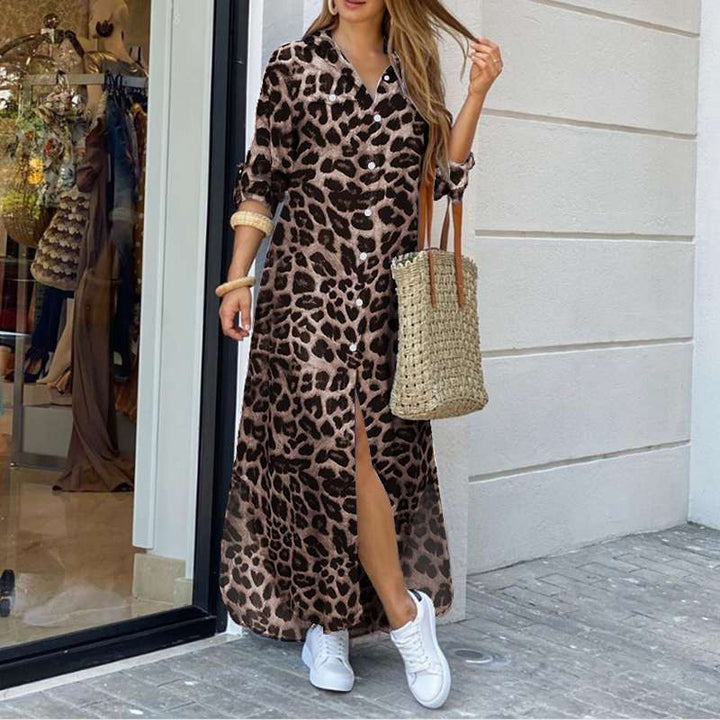 Darcy | Vintage Luipaard Maxi Jurk met Lange Mouwen