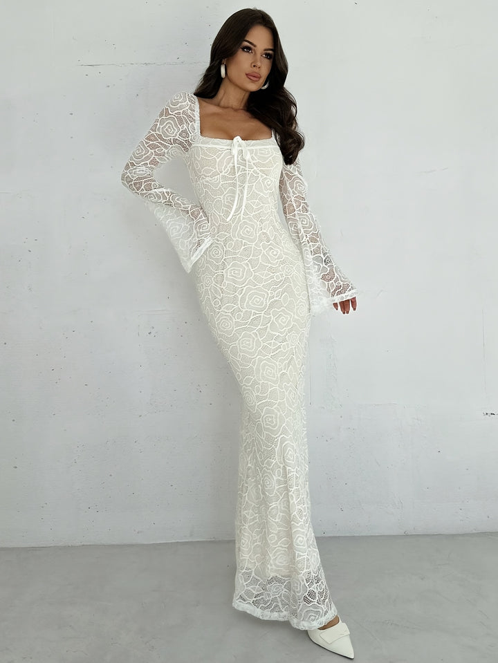 Désirée | Elegante Maxi Jurk met Kant en Uitlopende Mouwen