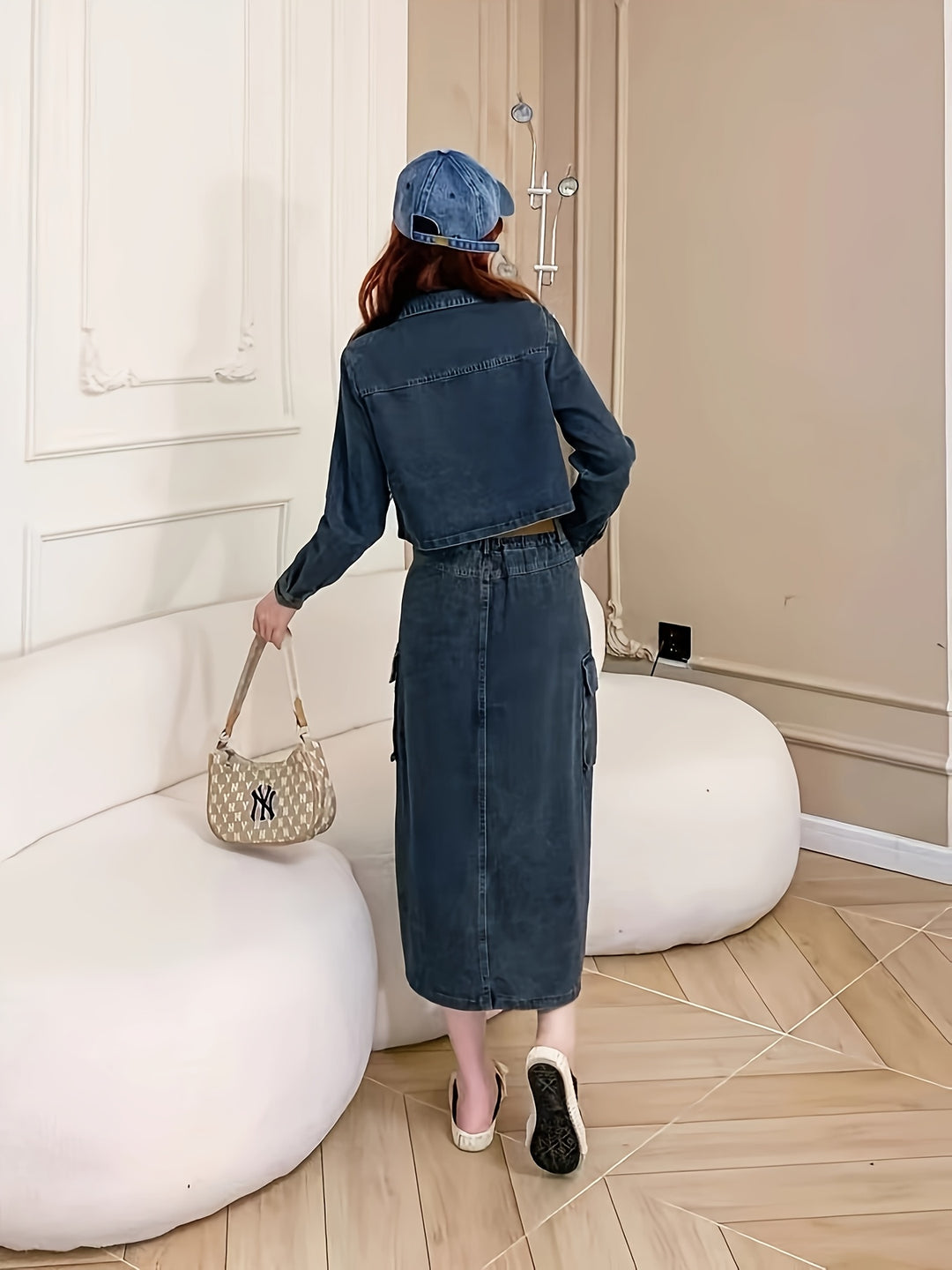 Dorothy | Stijlvolle Denim Set met Midi Rok en Crop Jacket