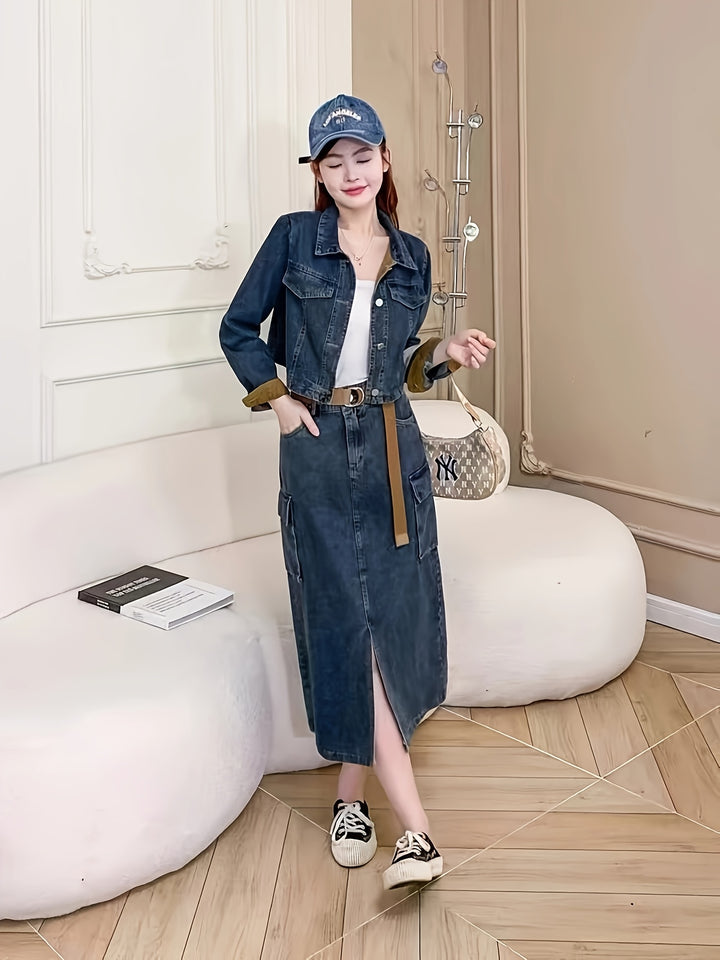 Dorothy | Stijlvolle Denim Set met Midi Rok en Crop Jacket