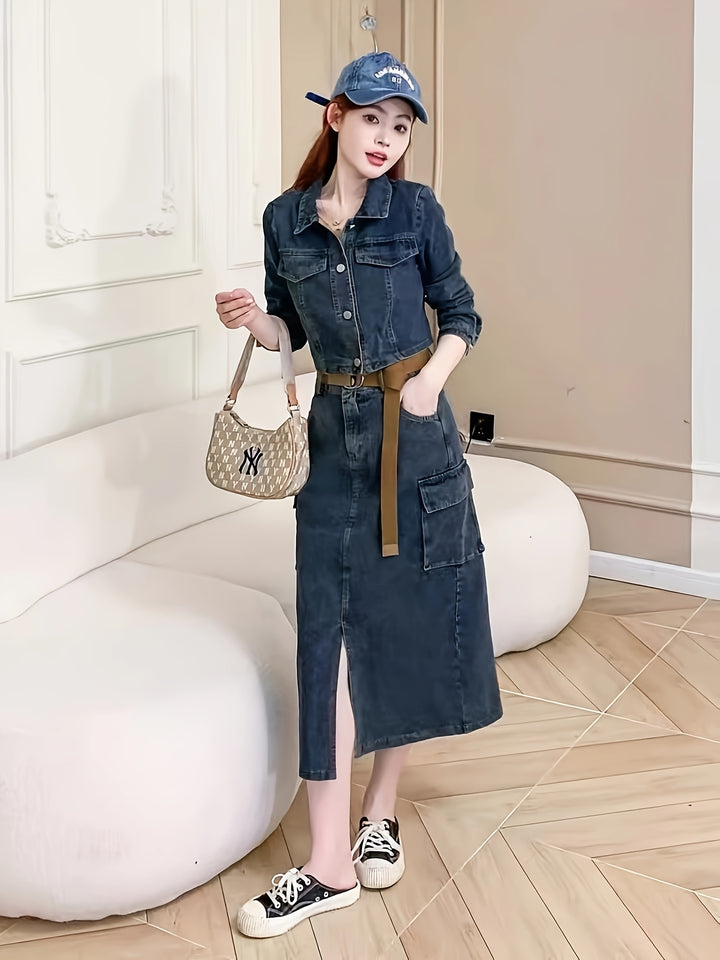 Dorothy | Stijlvolle Denim Set met Midi Rok en Crop Jacket