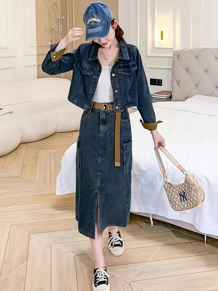 Dorothy | Stijlvolle Denim Set met Midi Rok en Crop Jacket