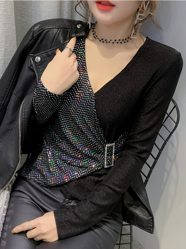 Eliana | Elegante Pailletten V-Hals Top met Gesp